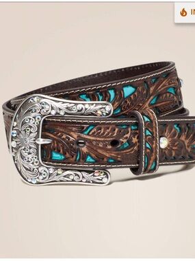 Ariat size medium Tooled Brown Leather Western Belt with Turquoise Accents